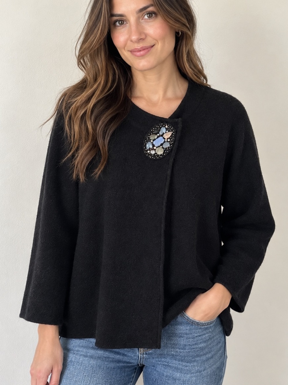 JM Collection Black Wool Women's Cardigan L/XL Beaded Detail
